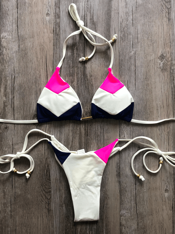 Printed Sexy Women's Lace Up Swimsuit SF1606 in patchwork design, low-waisted, with integrated padding for comfort, perfect for beach days.